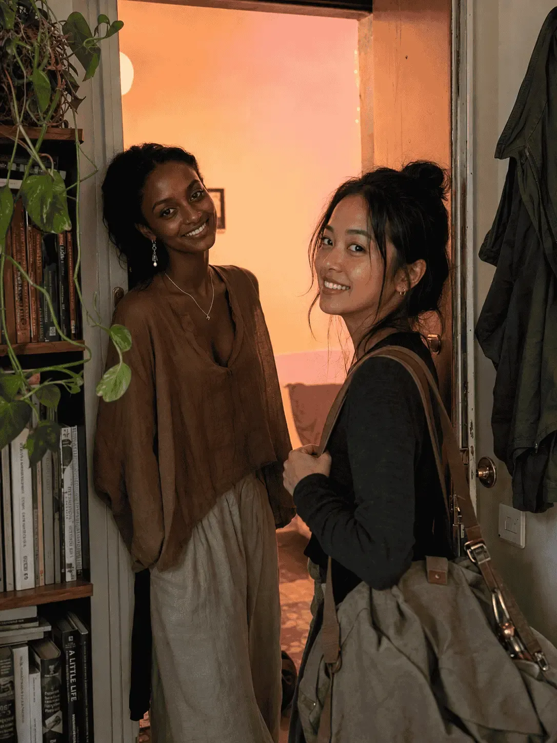 Two travelers being welcomed into a host’s home