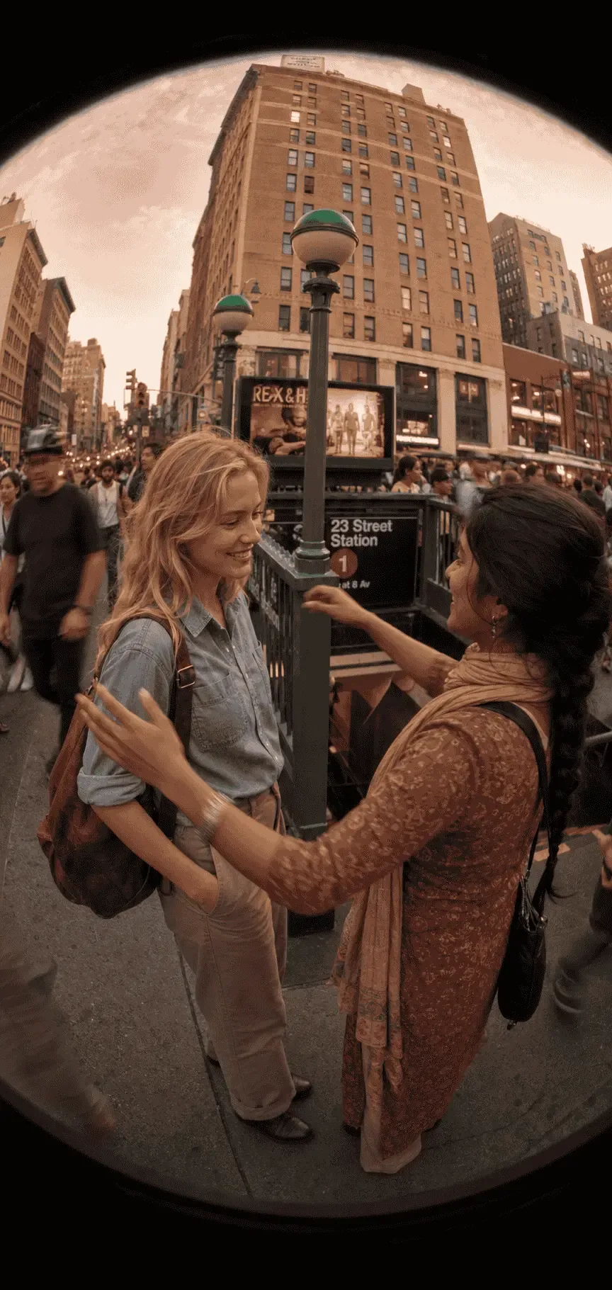 Friends chatting near a subway station