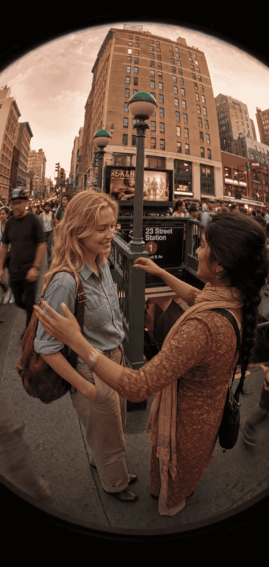 Friends chatting near a subway station